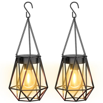 2 Pack Solar Hanging Lanterns, Outdoor Waterproof Geometric Metal Lanterns With Vintage Edison Bulb, Decorative  For Garden, Patio, Yard, Porch Decor