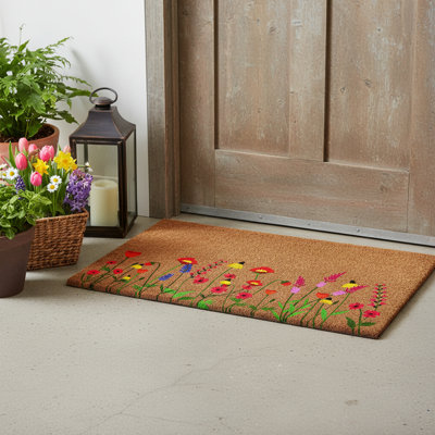 17" X 29" Brown Red And Green Floral Outdoor Coir Door Mat