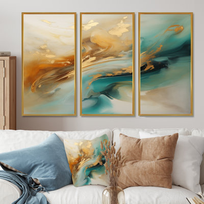 «Golden Sunrise On Turquoise II», ensemble d'art mural abstrait