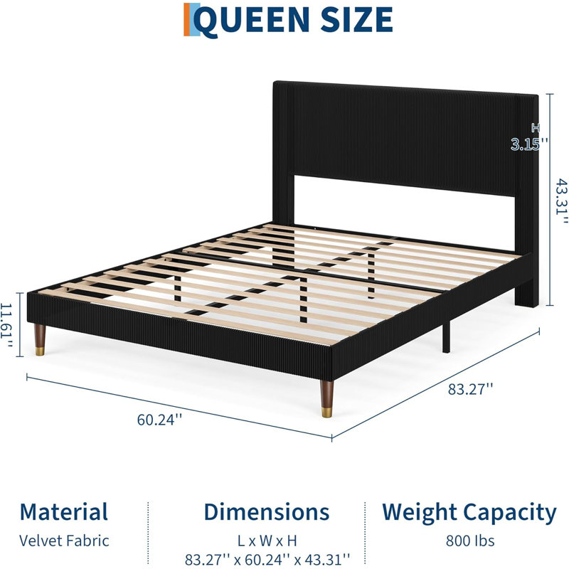 Queen Bed Frame – Corduroy Headboard, Wooden Slats, No Box Spring, Black, Apartment-Friendly, Black, Queen