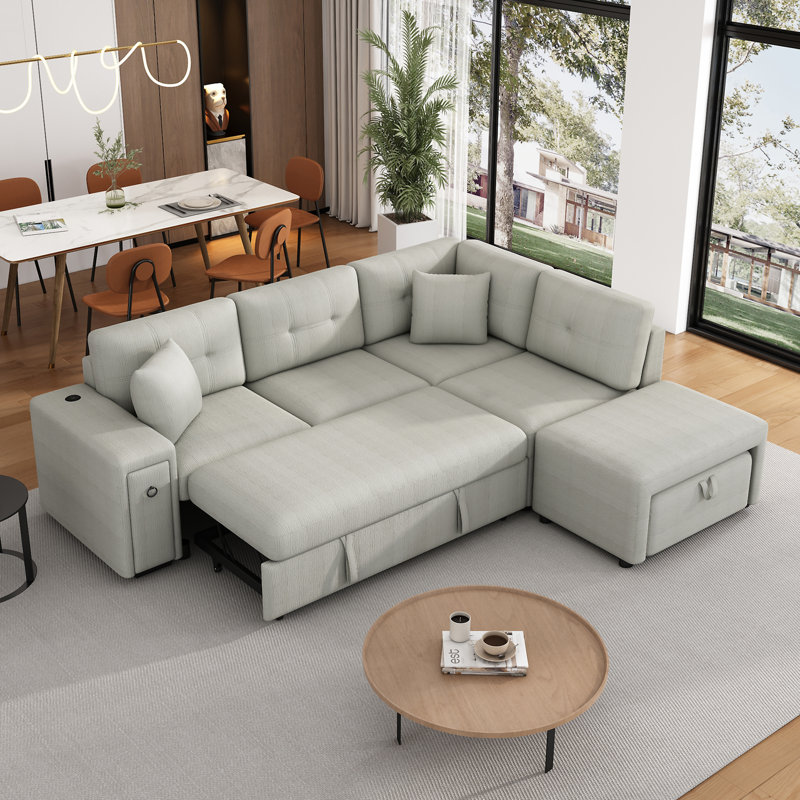 Canapé-lit modulaire en L 86,6 po avec canapé-lit coulissant et repose-pieds mobile, Gris chenille