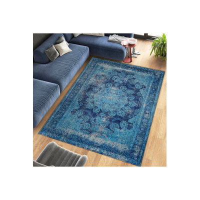 Distressed Look Blue Pattern Woven Base Modern Decorative Machine Washable Area Rug
