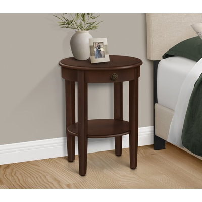 Table d'appoint, 2 niveaux, table de bout, table d'appoint, ronde, table de chevet, chambre à coucher, lampe, placage brun, transitionnel