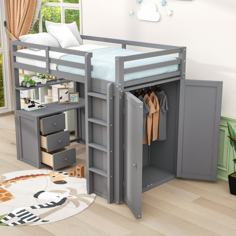 Heathyr Kids Loft Bed with Drawers, Gray, Twin