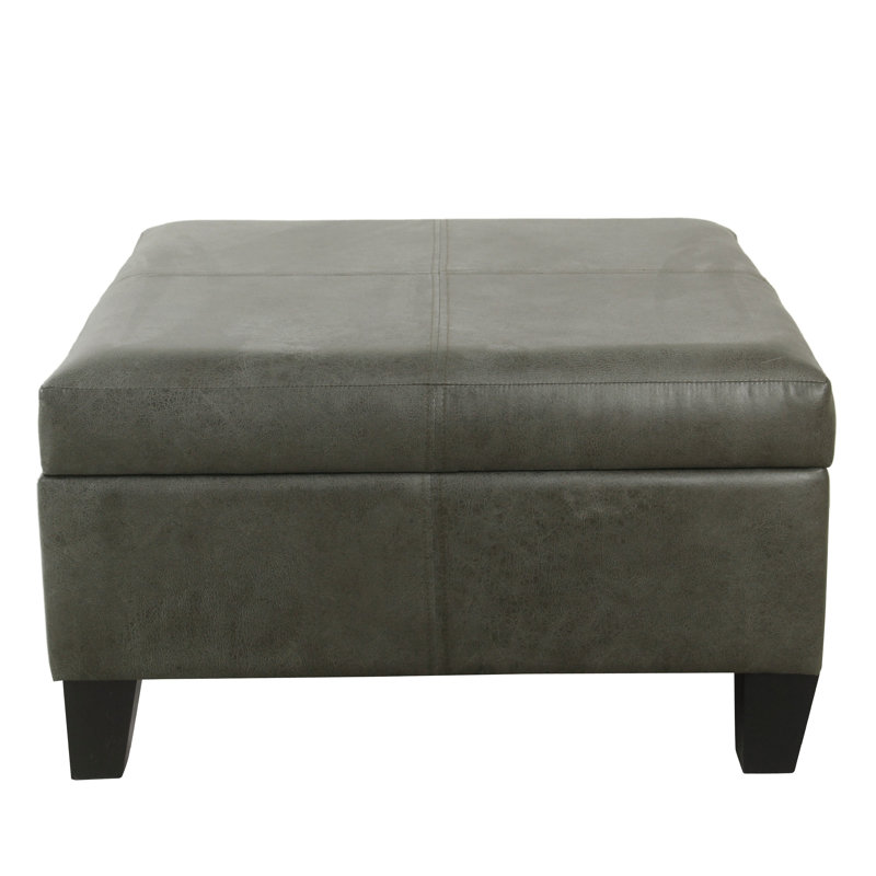 Repose-pieds carré avec rangement Leo, similicuir vieilli, 28 po, Gris, Noir