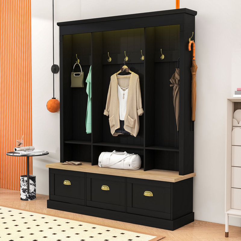 Wood Hall Tree with APP-Controlled LED Strip, Hooks, Flip-Down Cabinets and Shelves, Black