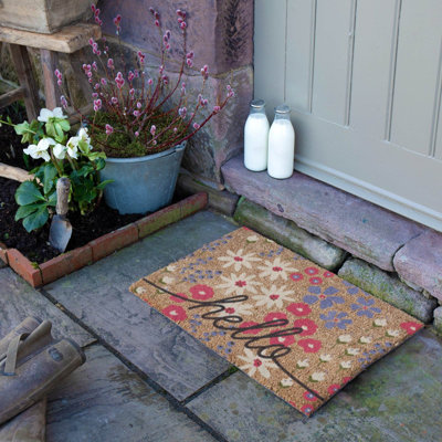 Hello Scribbly Floral Coir Doormat