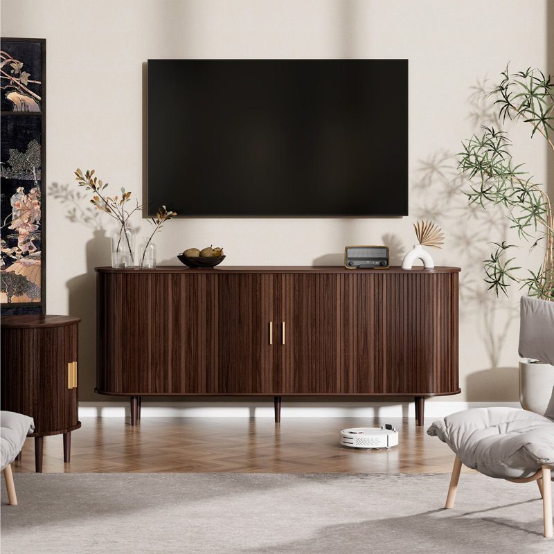 Buffet 70 po avec portes tambour rondes, grand tiroir de rangement, tablettes réglables et pieds en bois massif pour la salle à manger, le salon et le vestibule