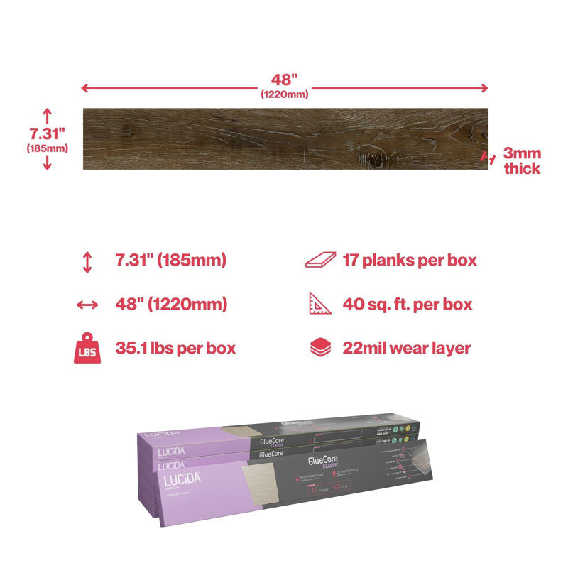 Planche de vinyle de luxe 7,25 po x 48 po x 2,5 mm Gluecore, Ombre