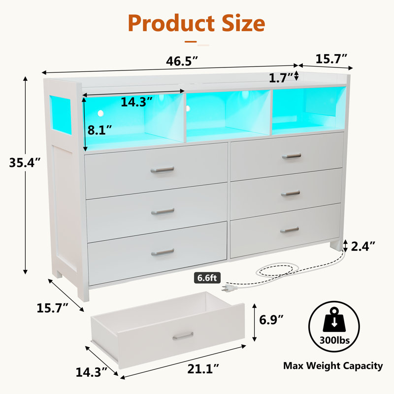 Jaylianiz 6 - Drawer Dresser with Power Outlet, Chest of Drawers with LED Lights and Open Storage, White