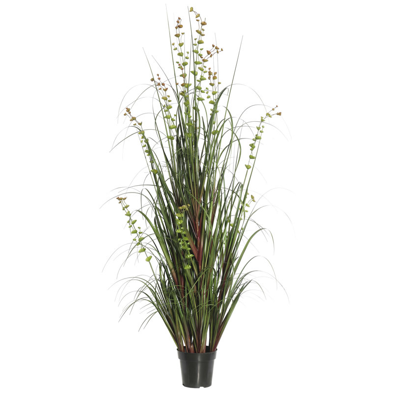 Herbe verte artificielle en pot et eucalyptus., H 24 po x l 12 po x p 12 po