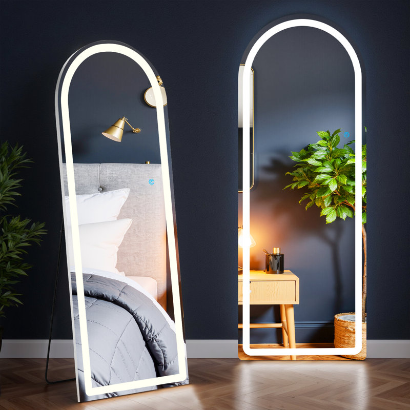 Arched Mirror Full Length With LED Lights,  Full Body Wall Mirror, Lighted Floor Standing Mirror, Hanging Or Leaning W/Dimming 3 Color Lighting, Arch Mirror For Modern Home Decor