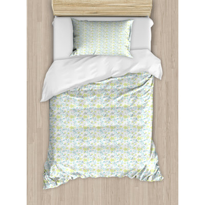 Ambesonne Floral Duvet Cover Set, Ivy Branch and Flowers, Twin, White Grey Yellow Green -  nev_23603_twin