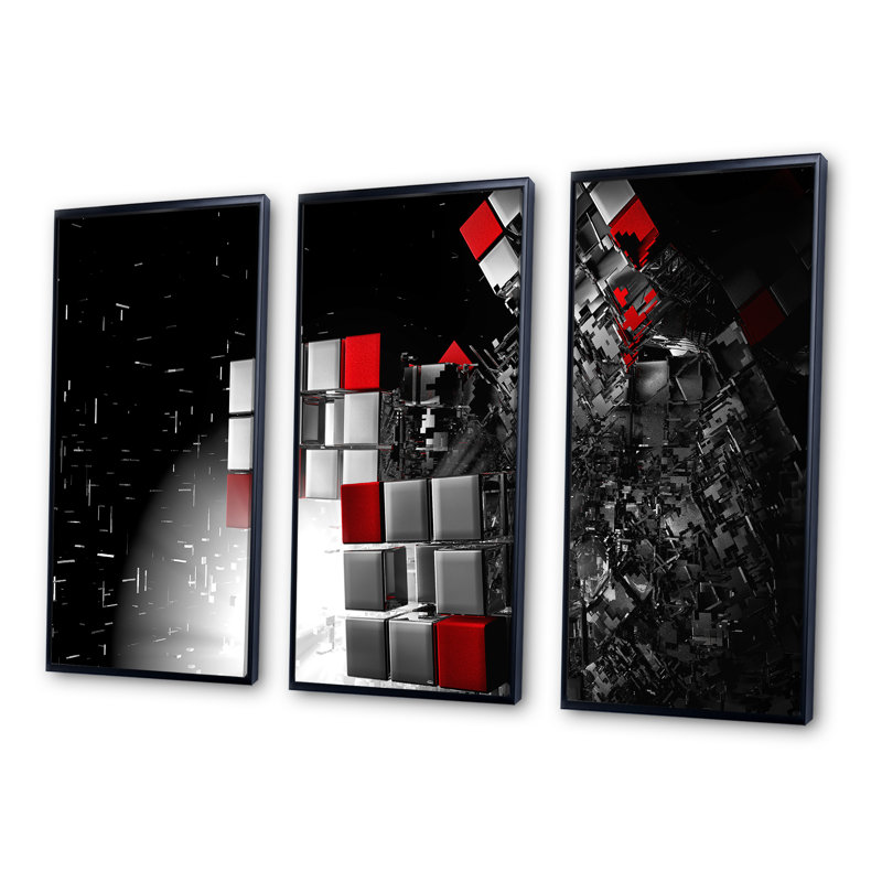 «Fractal 3D Red White Cubes», ensemble de 3 toiles abstraites encadrées, H 28 po x l 36 po x P 1 po, Noir