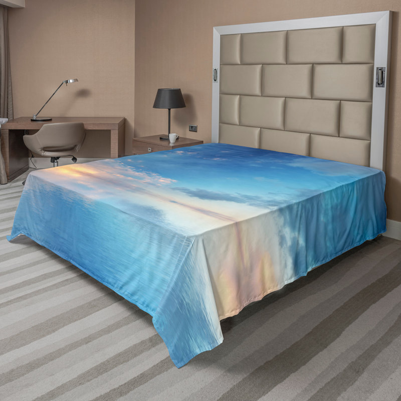 Ambesonne Blue Top Flat Sheet Ocean Horizon Clouds Sky Blue, Queen