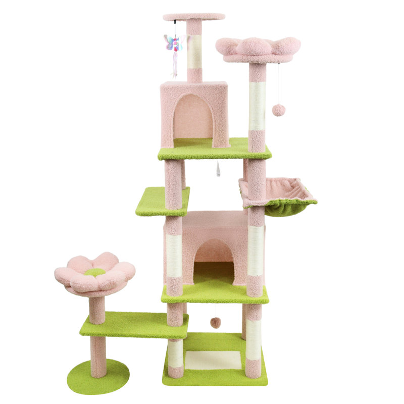 Arbre à chat de 72 pouces, grandes surfaces grattantes multiples, 4 arbres à fleurs roses et 5 chats avec coussin amovible et espace spacieux pour dormir 21 po x 12 po x 10 po