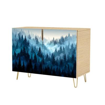 Buffet Buffet avec rangement, paysage de forêt brumeuse, silhouettes bleues, conifères, sans soudure avec 2 portes pour le salon et la cuisine