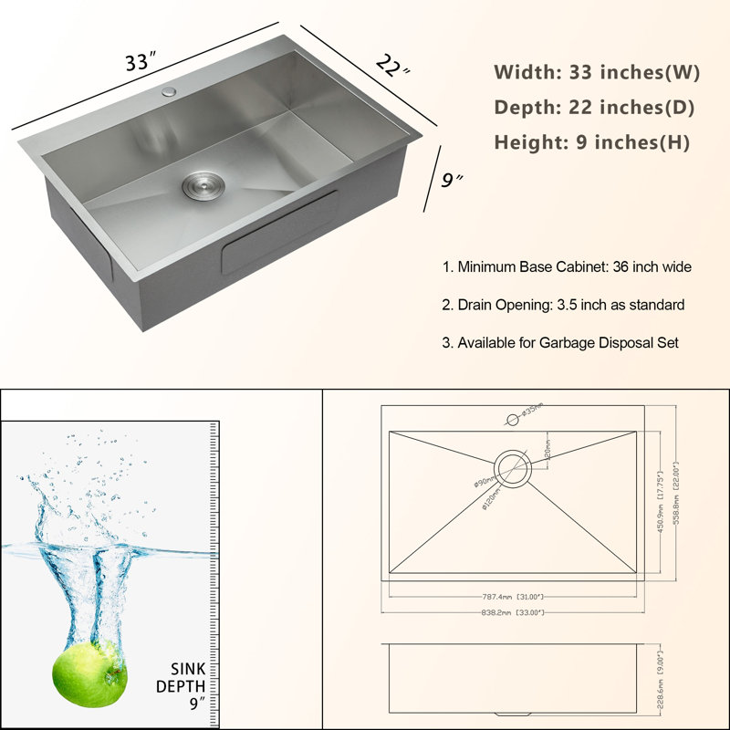 Topmount Single Bowl Drop-In Kitchen Sink with Accessories, 33" L x 22" W 