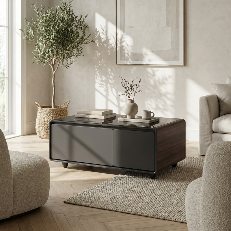 Modern Smart Coffee Table with Integrated Refrigerated Drawers, Bluetooth Speaker, Wireless Charging, Touch Control Panel, USB and Type-C Ports, Outlet Protection, Ambient Lighting, Brown Finish