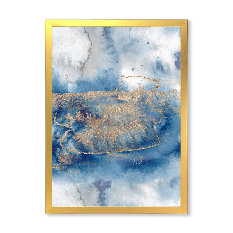 Abstrait classique bleu et or I - peinture sur toile, H 20 po x l 12 po, Cadre doré à coins fermés