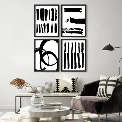 Multicolore encadré, ensemble de galerie d'art encadré, symbole noir et blanc, variété de formes abstraites, formes décoratives multicolores pour le salon, la chambre à coucher, le bureau