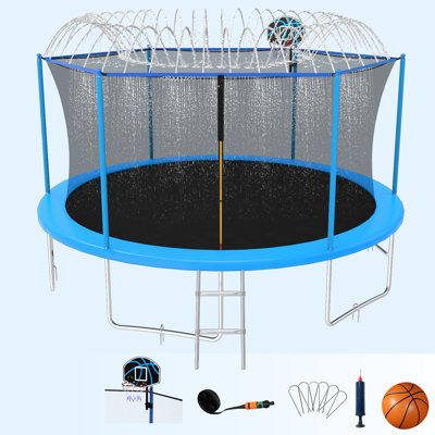 14FT Premuim Updated Trampolines with Enclosure Net Ladder Sprinkler and Basketball Trampolines for Kids and Adults ASTM Approved