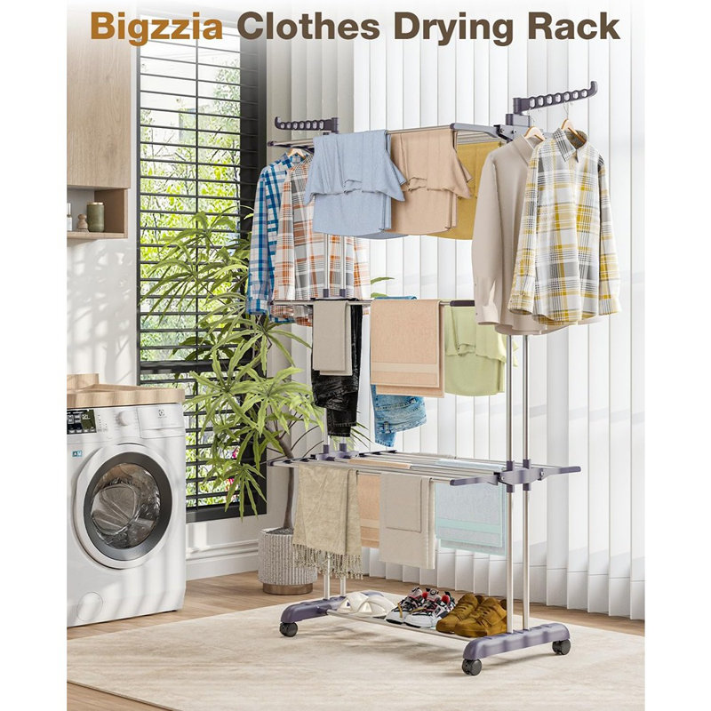Séchoir à vêtements, finition grise, support à linge pliable à 4 niveaux en acier inoxydable avec deux ailes latérales, portemanteau portatif intérieur et extérieur, style fonctionnel moderne