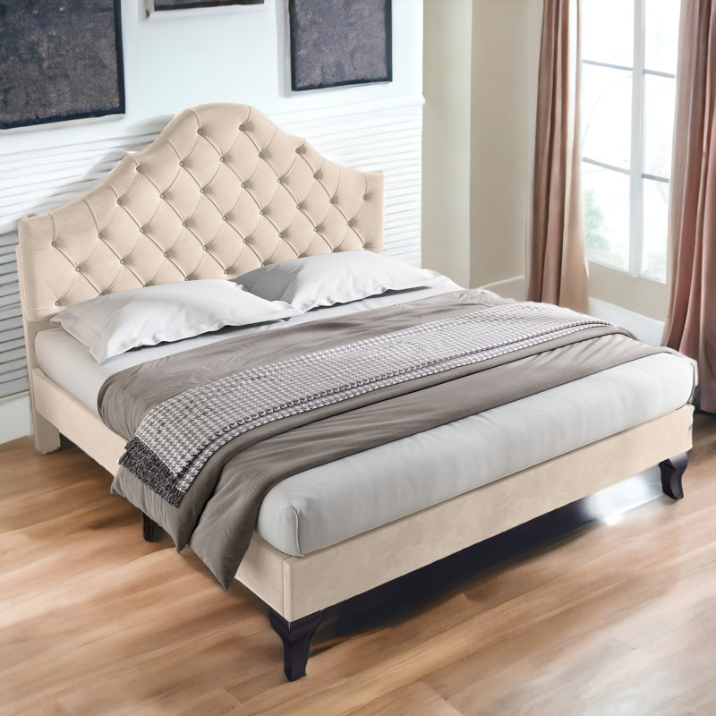 Ince Upholstered Velvet Bed, Beige