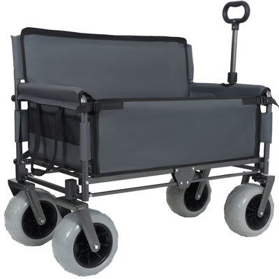 Folding Wagon With Bench Seat, 500Lbs Capacity, 9"X4" Beach Tires, Gray For Camping And Beach Use