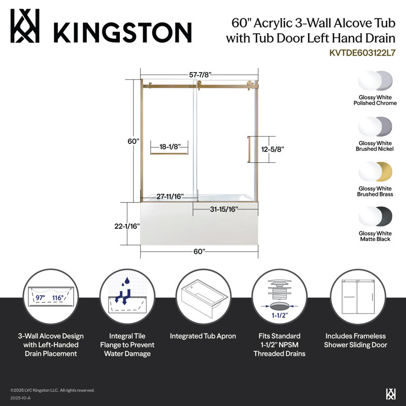 Kingston Brass 60-Inch Acrylic Rectangular 3-Wall Alcove Tub With Tub Door, Drain, Brushed Nickel, Left Opening