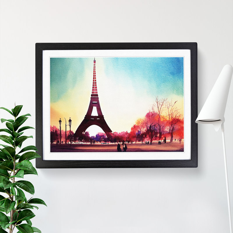 Eiffel Tower In Watercolour Vol.1 - Single Picture Frame Painting, 34cm H x 46cm W x 2cm D, Black
