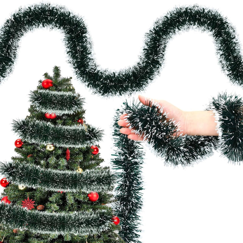 50ft Dark Green Tinsel Christmas Tree Garland Decoration | 3.5in Wide Reusable Christmas Tinsel, Thick Green Tinsel Garland, for Xmas Tree Mantels Stairs Ceiling Hanging Decor