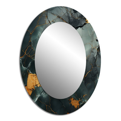 Golden And Green Terrazzo Marble Elegance III - Green Oval Wall Mirror Decor