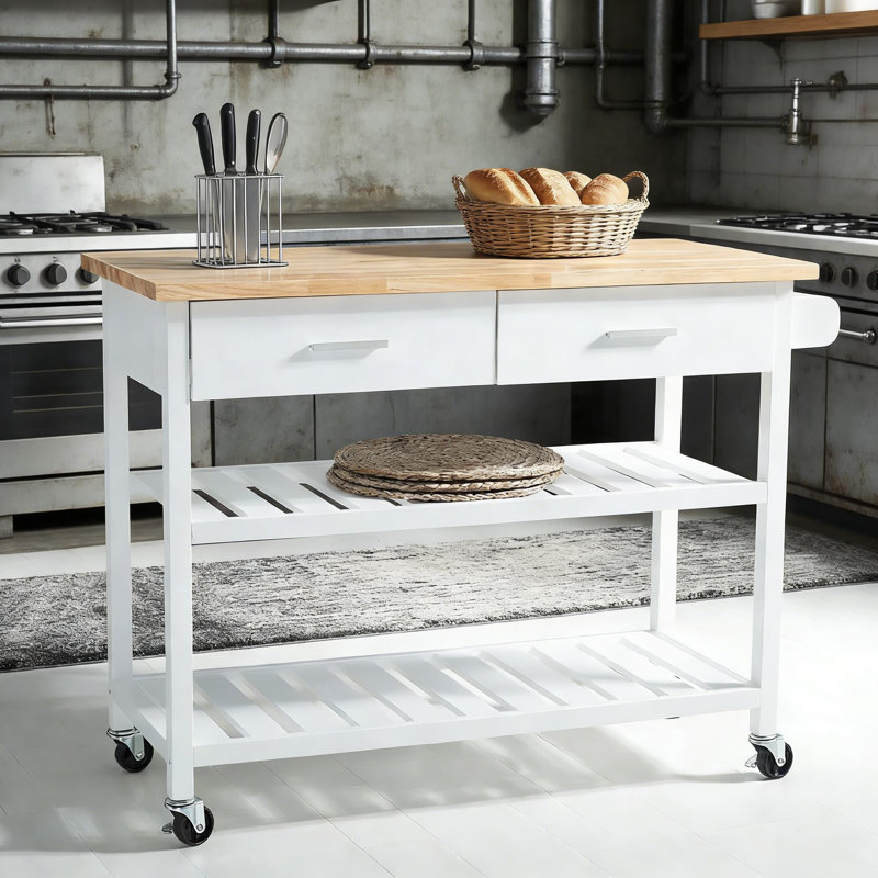Chariot de cuisine avec roulettes, chariot mobile à 2 tiroirs et 2 tablettes pour le rangement, finition bois blanc et naturel