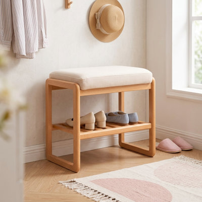 Banc de rangement en bois pour chaussures avec siège à coussin, banc d'entrée en bois massif avec étagère à chaussures à 2 niveaux, banc de rangement pour petit espace d'une capacité de 300 lb pour le couloir de la chambre d'entrée