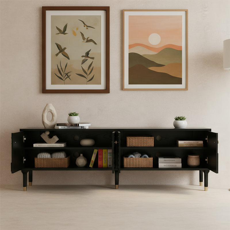 Mid-Century TV Stand With Artistic Carved Doors, 70.9IN Modern TV Console With 4 Cabinet Storage, Retro Media Console For 50-80 Inch TV - Black