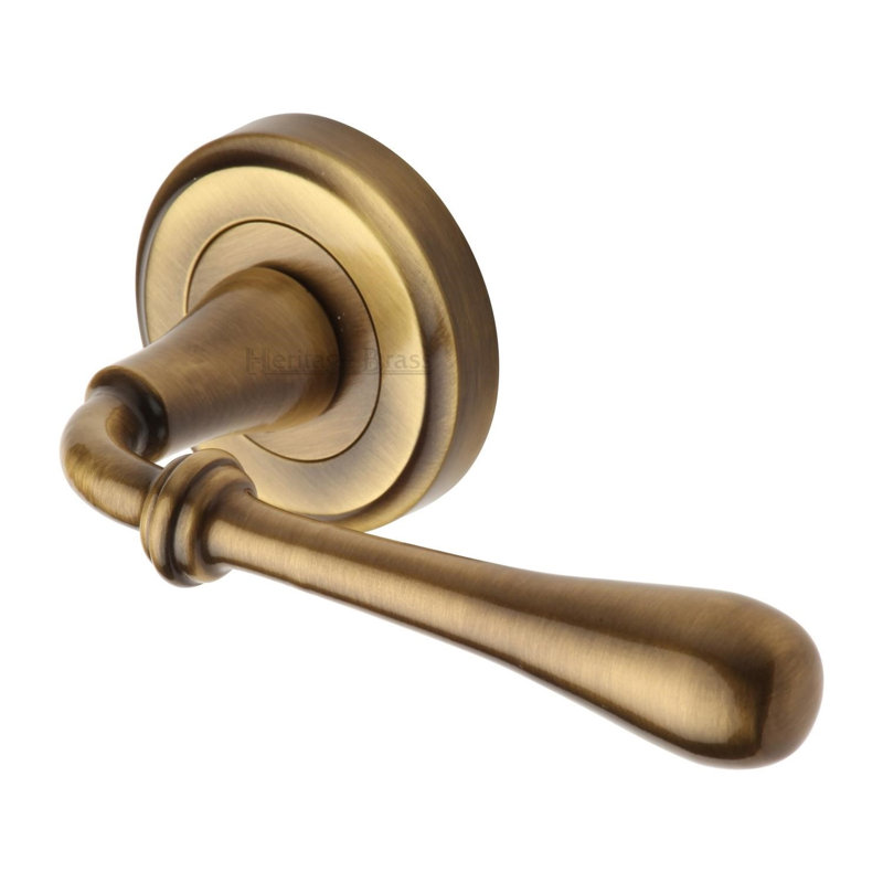 Heritage Brass Heritage Door Handle Lever Latch on Round Rose Roma Design, Antique Brass
