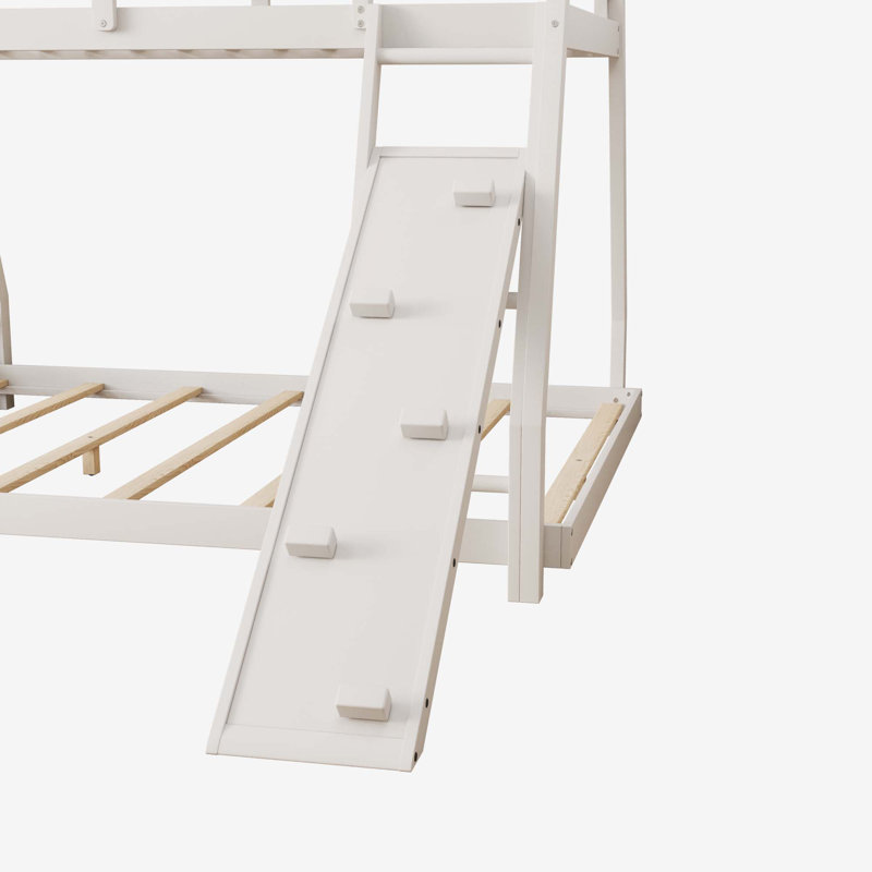 Twin over Queen House Bunk Bed with Climbing Nets and Climbing Ramp, Natural, White