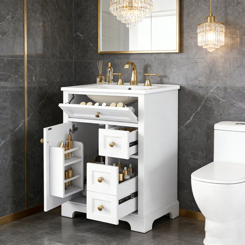 Meuble-lavabo de salle de bain avec lavabo, 3 tiroirs et support de rangement à 2 niveaux, Blanc