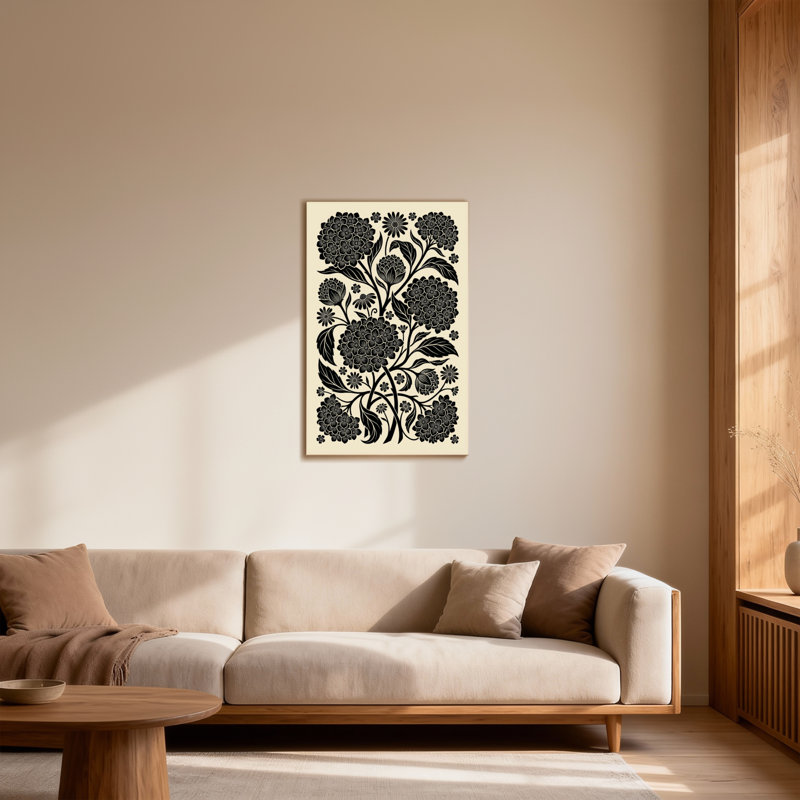 Plantes et fleurs à motif floral noir sur fond crème, H 18 po x l 12 po