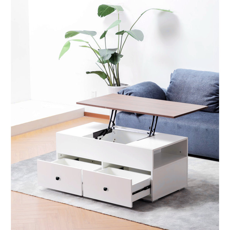Table basse blanche Luna avec plateau relevable au fini noyer brun, 2 tiroirs et 2 tablettes
