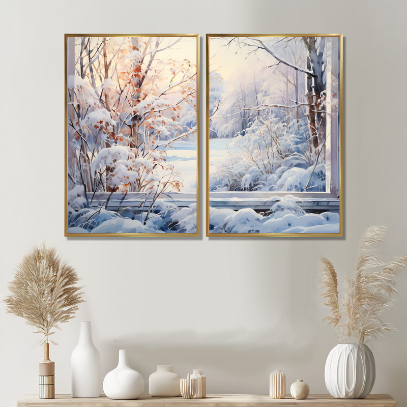 «Winter River Window View III - Winter Landscape», art mural, 36" H x 48" W, Impression encadrée flottante, Gold