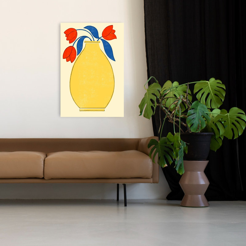 «Vibrant Tulips», vase jaune abstrait, tulipe colorée et audacieuse fleur printanière, impression murale, 48" H x 32" W