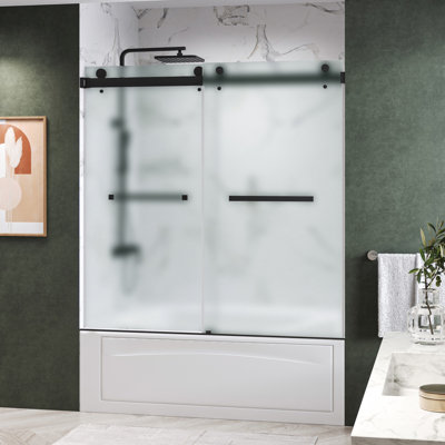 Porte de baignoire double coulissante sans cadre avec verre gravé à l'acide CatalystAE l 56 "x H 66"