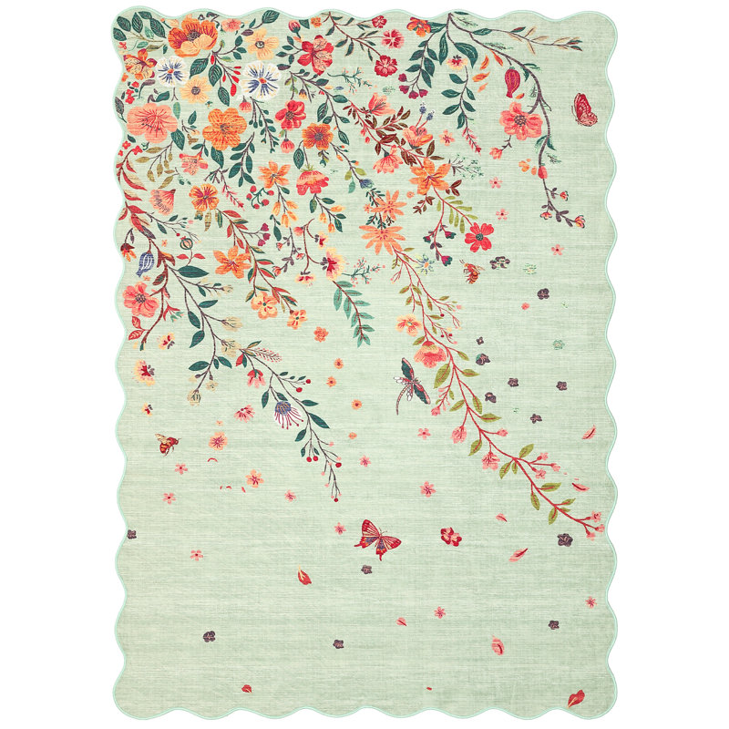 Washable Green Floral Area Rug Scalloped Non Slip Low Pile Carpet Mark Resistant Soft Collapsible Mat for Living Room Dining Room Bedroom Home Office