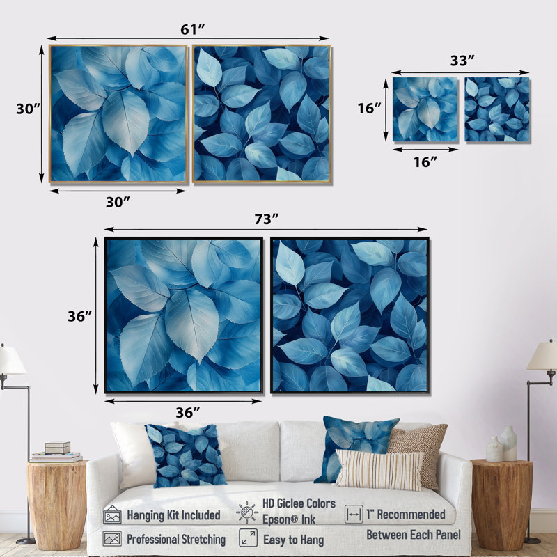Minimalisme azur feuilles harmonie I - feuilles, art mural - décoration murale traditionnelle 2 pièces, H 16 po x l 33 po