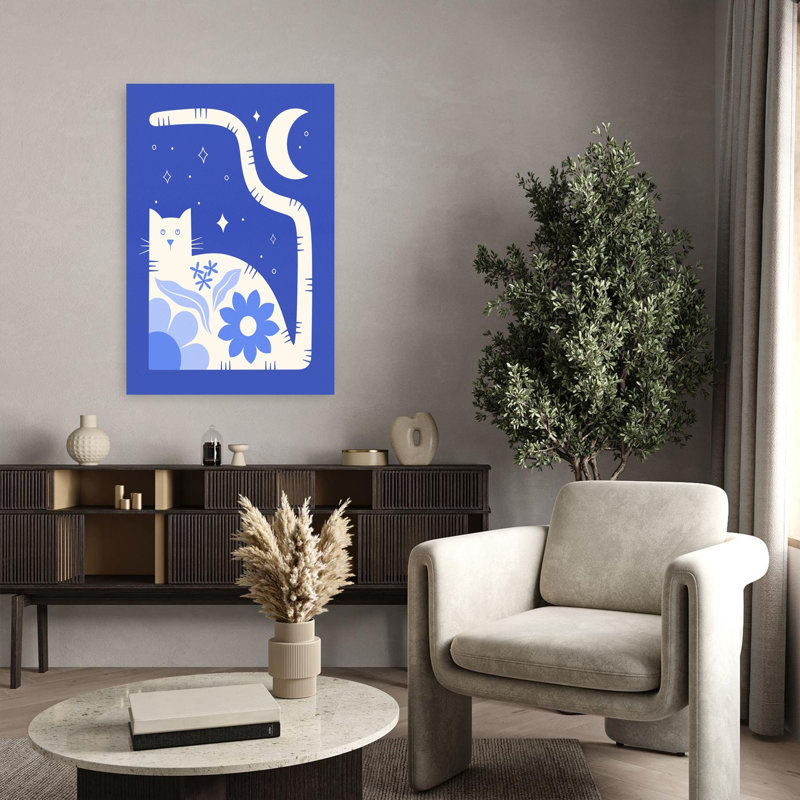 Whimsical Moon Cat Abstract Dreamy Modern Cat Flower Landscape Wall Art Print 1 Piece Wrapped Canvas Wall Art