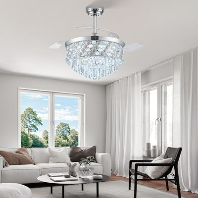 Ventilateur de plafond 42 "avec lumière et cristal Fandelier avec pales rétractables à DEL avec ventilateur rétractable à intensité variable pour chambre à coucher, salon, salle à manger, chrome