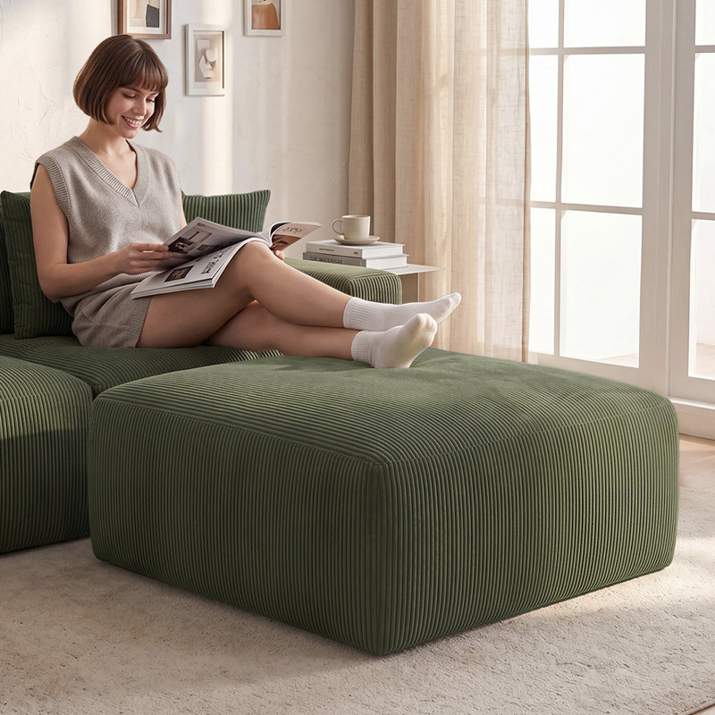 40" Square Corduroy Compression Ottoman Pouf for Sofa Couch (Set of 1), Green