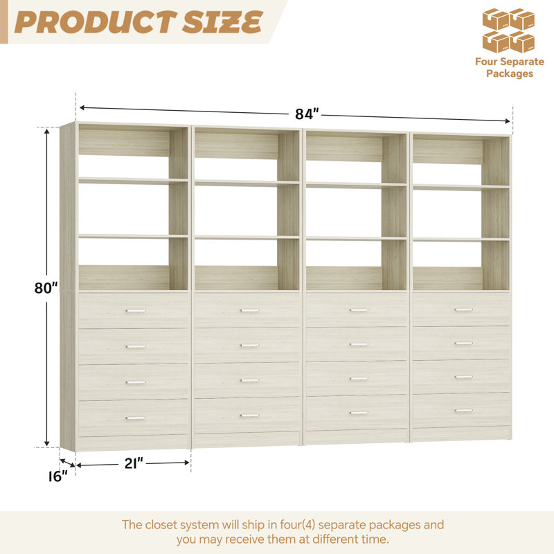 Closet System With Wood Drawers, Washed Oak